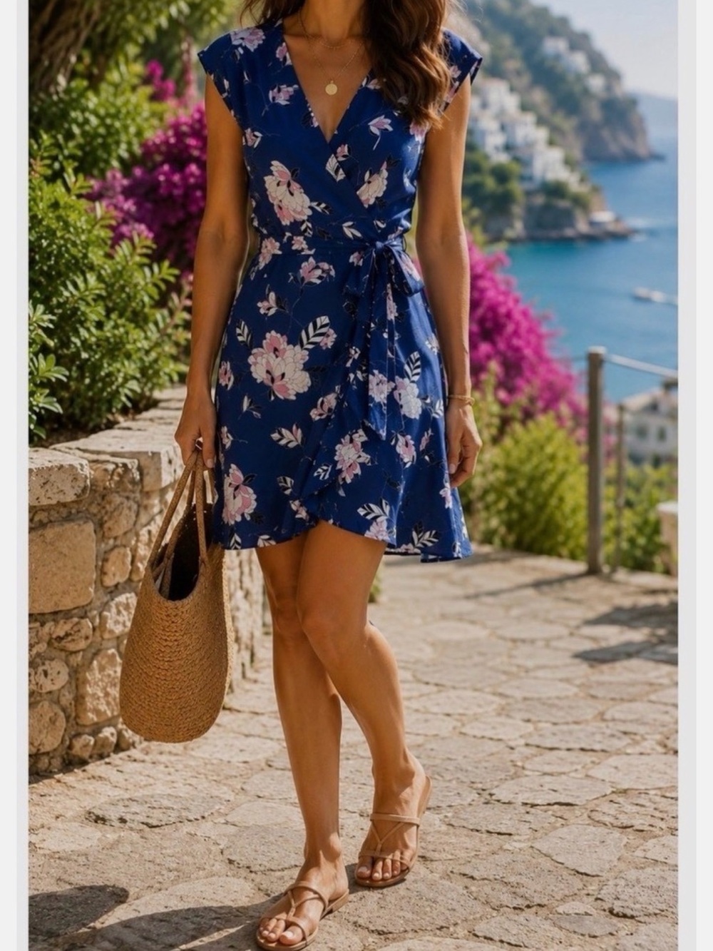 Yumi Kim Navy Floral Wrap Mini Dress with Light Pink Blossoms